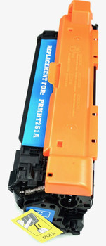This is the right side view of the Hewlett Packard 504A cyan replacement laserjet toner cartridge by NXT Premium toner