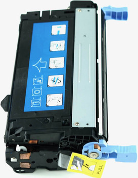 This is the right side view of the Hewlett Packard 643A cyan replacement laserjet toner cartridge by NXT Premium toner