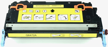 This is the front view of the Hewlett Packard 502A yellow replacement laserjet toner cartridge by NXT Premium toner