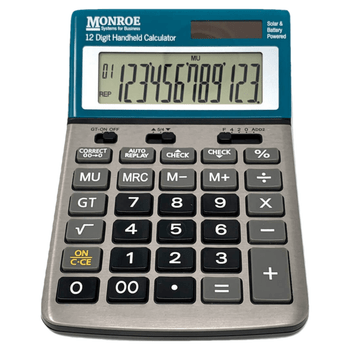 Monroe Handheld 12-Digit Calculator With Check And Correct Functionality (Blue Tilted)