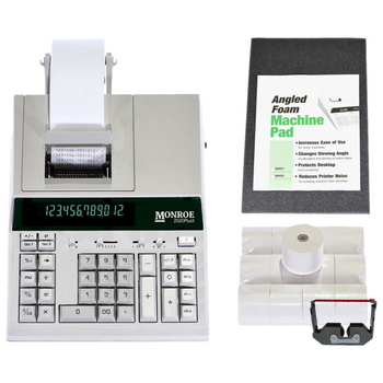 Monroe 2020PlusX Bundle - Includes (1) 2020PlusX Medium-Duty Printing Calculator with a Foam Elevation Wedge, (6) M33X Ribbon Cartridges, and (12) Premium Paper Rolls (Ivory Bundle)