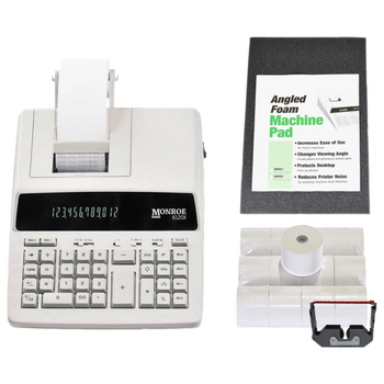 Monroe 6120X Bundle - Includes (1) 6120X Medium-Duty Printing Calculator with a Foam Elevation Wedge, (6) M33X Ribbon Cartridges, and (12) Premium Paper Rolls (Ivory Bundle)