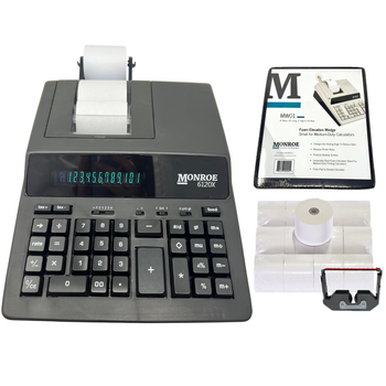 Monroe 6120X Bundle - Includes (1) 6120X Medium-Duty Printing Calculator with a Foam Elevation Wedge, (6) M33X Ribbon Cartridges, and (12) Premium Paper Rolls (Black Bundle)