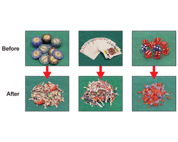 Shreds retired casino chips, playing cards and dice