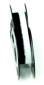 Top view of GRC T4 UNIVERSAL TYPEWRITER RIBBON SPOOL; BLACK NYLON CLOTH WITH WHITE CORRECTION TAPE