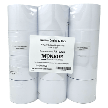Monroe AR12225 2 1/4" x 150' Exclusive 20 Lb. Single-Ply Paper Rolls (12-Rolls) (AR12225) (Package)