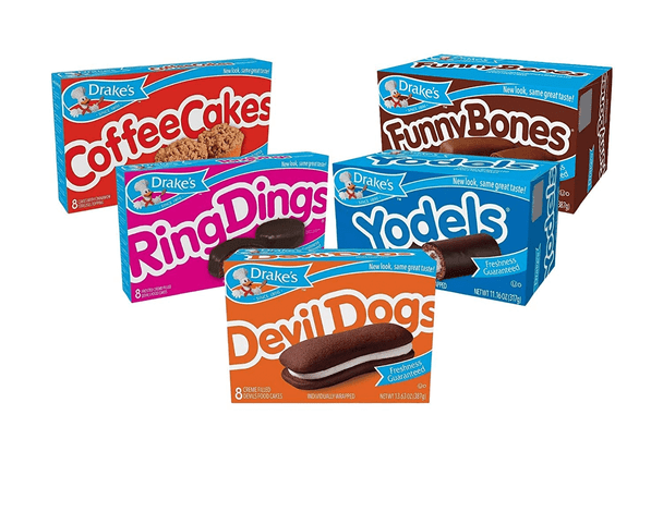 Drake's Ultimate Bundle includes 15 boxes of Ring Dings, Devil Dogs, Yodels, Funny Bones, and Coffee Cakes. That's 132 snacks in all!