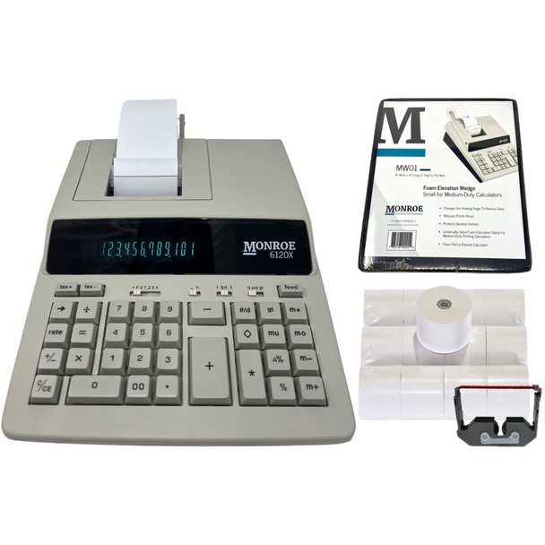 Monroe 6120X Bundle - Includes (1) 6120X Medium-Duty Printing Calculator with a Foam Elevation Wedge, (6) M33X Ribbon Cartridges, and (12) Premium Paper Rolls (Ivory Bundle)