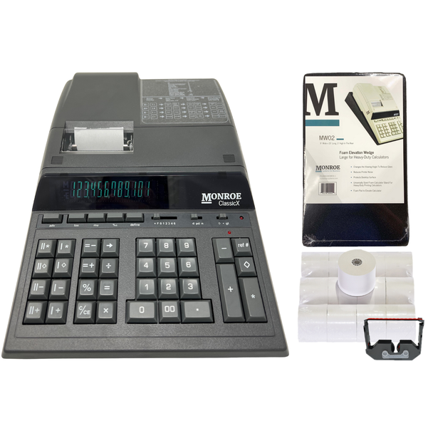 Monroe ClassicX Bundle - Includes (1) ClassicX Heavy-Duty Printing Calculator with a Foam Elevation Wedge, (6) M33X Ribbon Cartridges, and (12) Premium Paper Rolls (CLASSICXBSP1) (Bundle) Monroe ClassicX Bundle - Includes (1) ClassicX Heavy-Duty Printing Calculator with a Foam Elevation Wedge, (6) M33X Ribbon Cartridges, and (12) Premium Paper Rolls (CLASSICXBSP1) (Bundle)