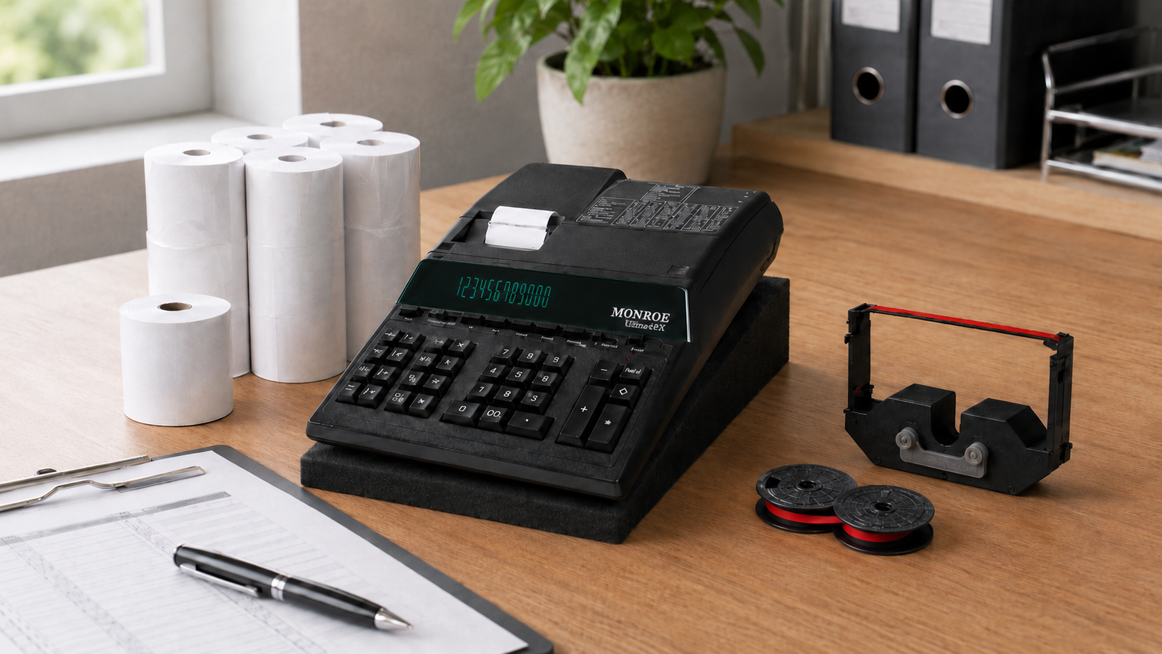 Monroe printing calculator with paper rolls, calculator ribbons, accessories, and a mid year checklist on an office desk