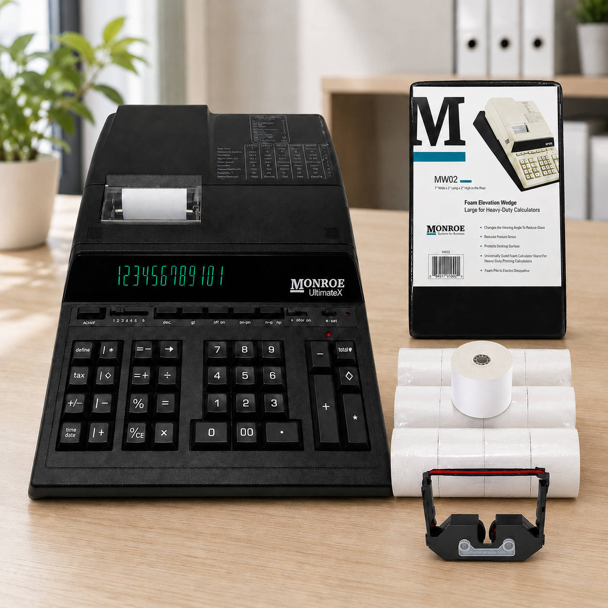 Monroe calculator bundle with printing calculator, ribbons, paper rolls, and foam elevation wedge