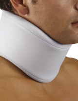Close-up of Push Care Neck Brace providing soft semi-rigid foam support for neck stability during recovery from whiplash or mild cervical strain.