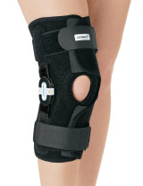 Hinged knee brace with controlled movement settings designed to support ligament recovery and joint protection.