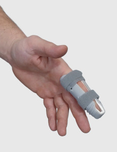 Close-up of a hand wearing the Conwell Medical 5319 finger splint, showing secure hook and loop fastening and finger immobilisation