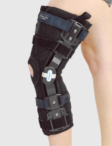 Orthopaedic ROM knee brace designed to help protect knee ligaments during rehabilitation and activity