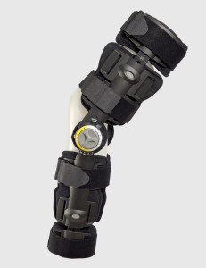 Conwell Medical 57260 length adjustable ROM knee brace shown in full view, highlighting bilateral hinges and extendable frame for post-operative knee support.