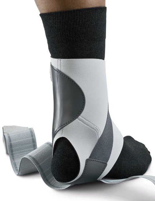 Rear view of Push med Ankle Brace Aequi Flex showing rigid shell support and adjustable wrap straps for secure ankle positioning.