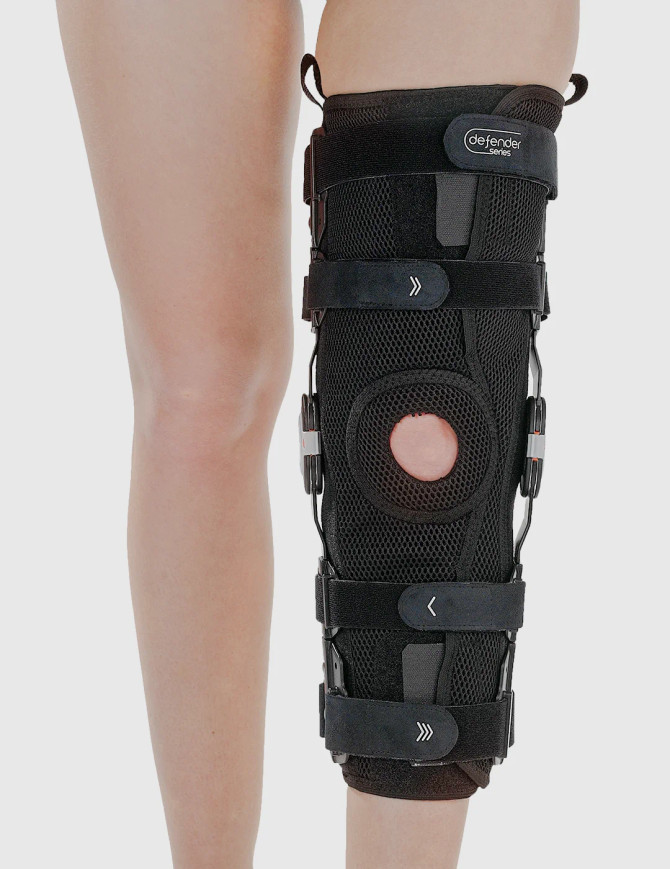 17-inch long ROM knee brace designed to support medial and lateral knee stability during recovery