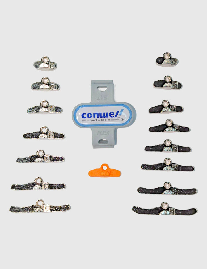 Flat lay of the Conwell Medical 5755 ROM hinge components, including flexion and extension stops, showing adjustable range-of-motion control options