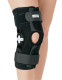 Hinged knee brace with controlled movement settings designed to support ligament recovery and joint protection.