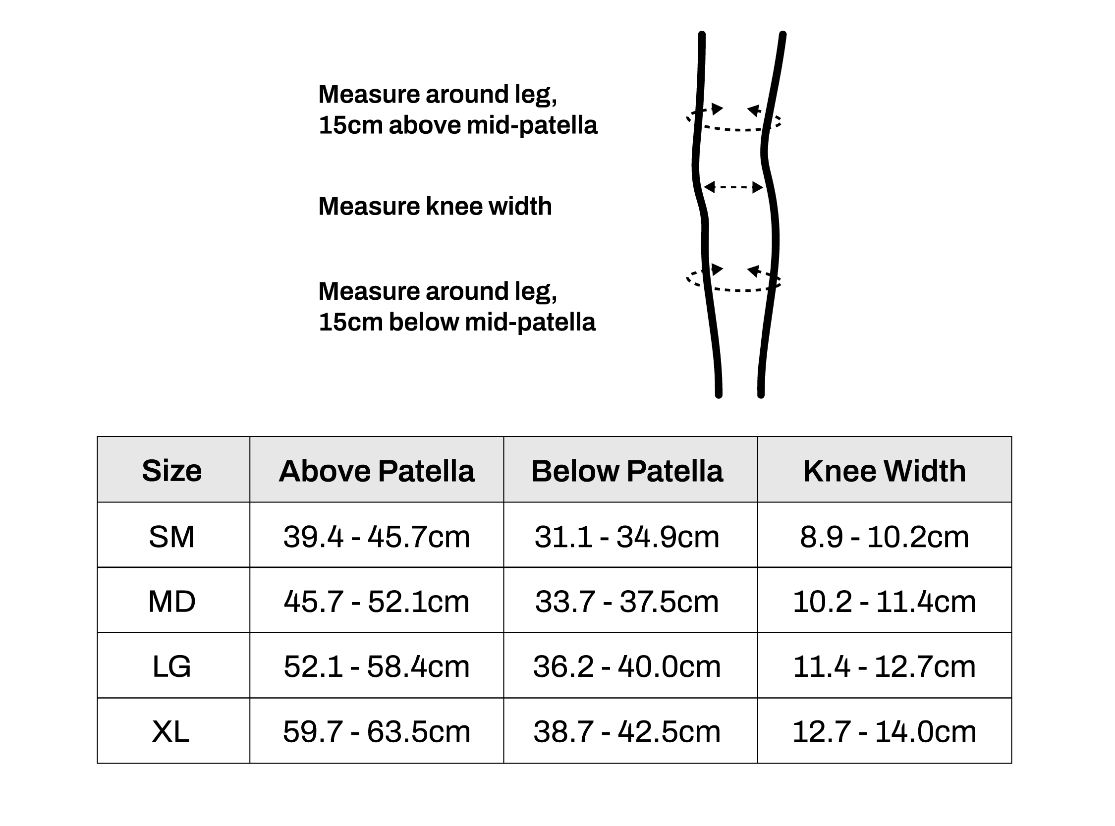 Conwell Medical Knee Size Chart