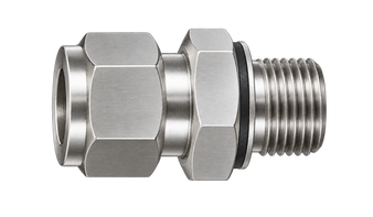 DCQ stainless steel compression fitting — representative colored series image; dimensions vary by model.