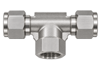 DTH stainless steel compression fitting — representative colored series image; dimensions vary by model.