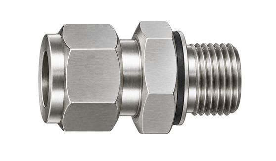 DCQ stainless steel compression fitting — representative colored series image; dimensions vary by model.