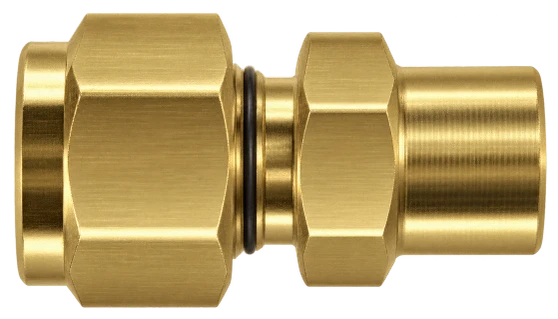 DCB brass compression fitting — representative colored series image; dimensions vary by model.