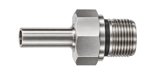 DHQ stainless steel compression fitting — representative colored series image; dimensions vary by model.