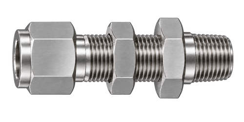 DSC stainless steel compression fitting — representative colored series image; dimensions vary by model.