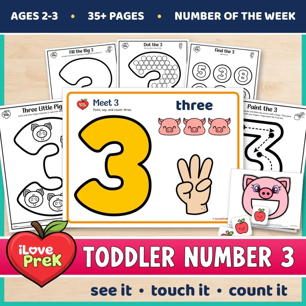Toddler Number 3 of the Week printables with painting, tracing and counting pages for ages 2 to 3.