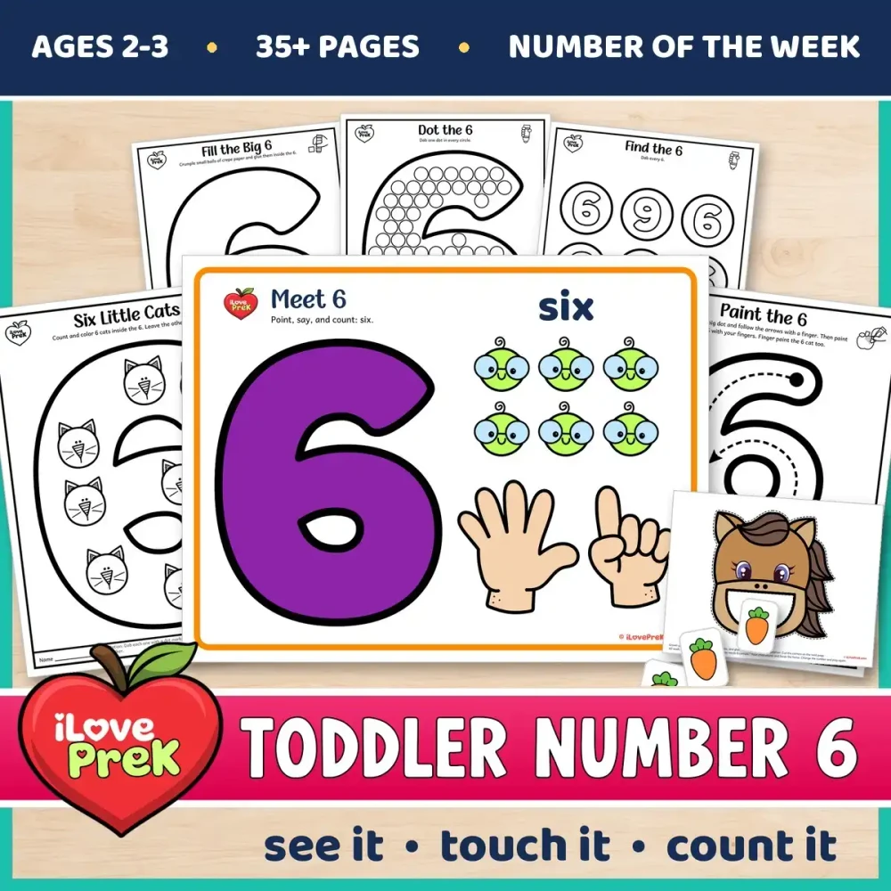 Toddler Number 6 of the Week printables with painting, tracing and counting pages for ages 2 to 3.