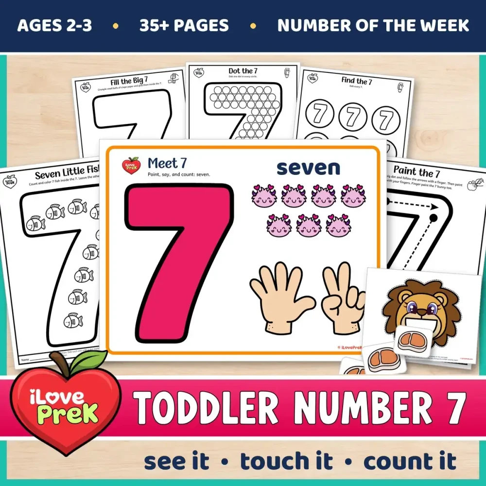Toddler Number 7 of the Week printables with painting, tracing and counting pages for ages 2 to 3.