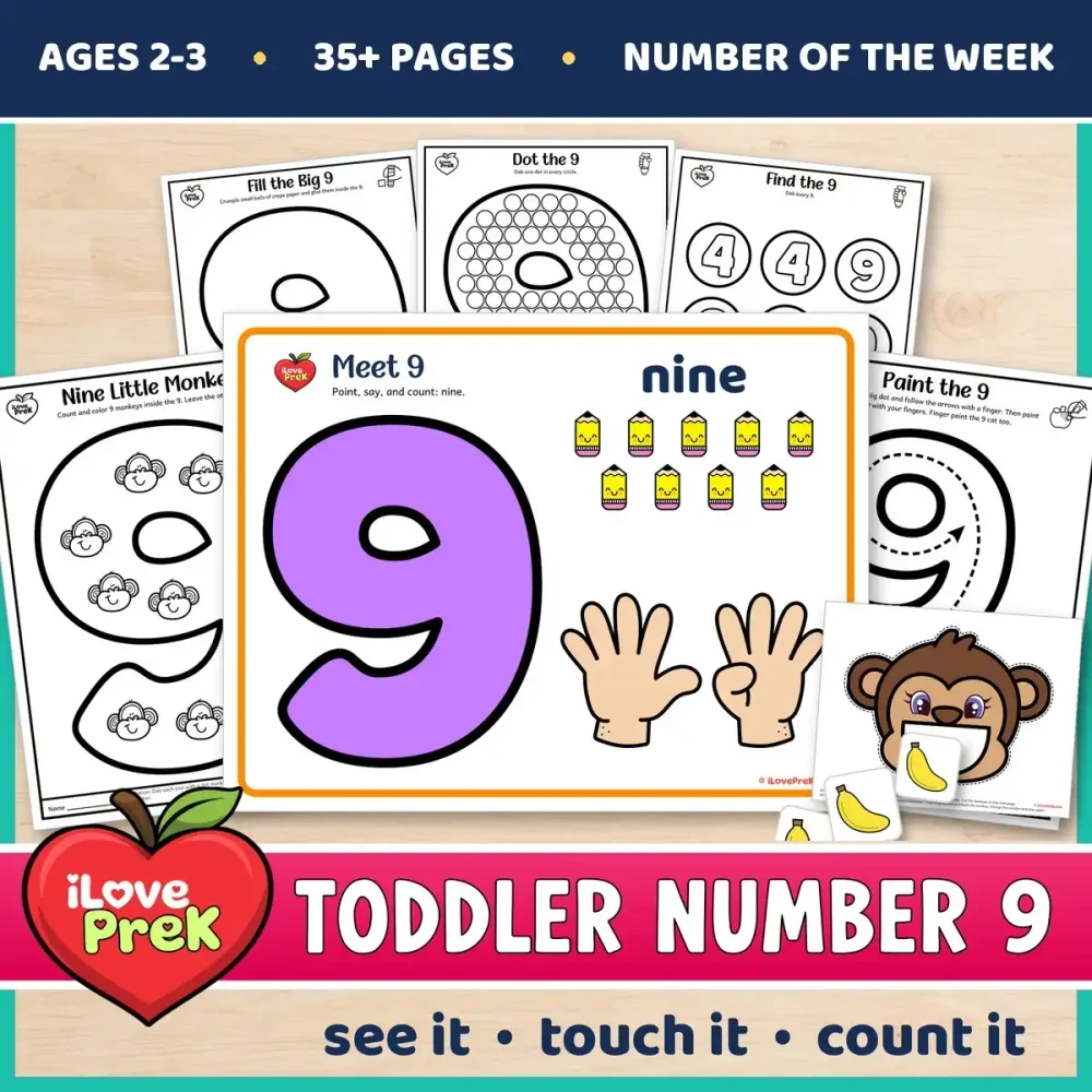 Toddler Number 9 of the Week printables with painting, tracing and counting pages for ages 2 to 3.