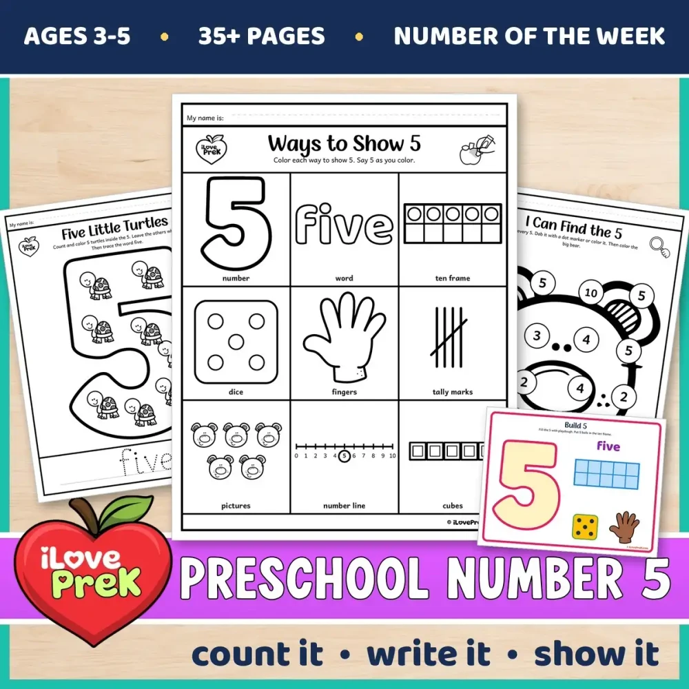 Preschool Number 5 of the Week printables for ages 3 to 5, starting with Ways to Show 5.
