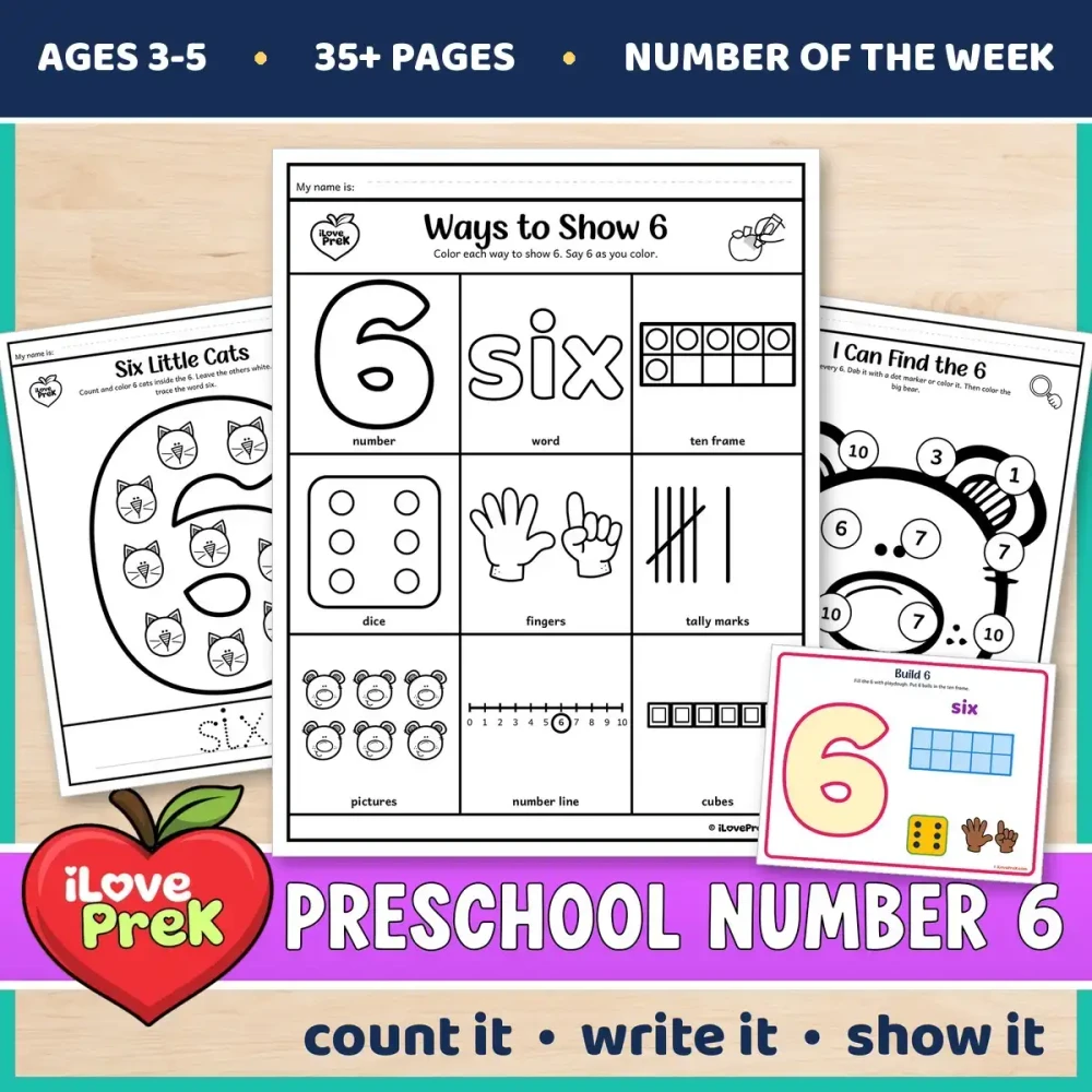 Preschool Number 6 of the Week printables for ages 3 to 5, starting with Ways to Show 6.