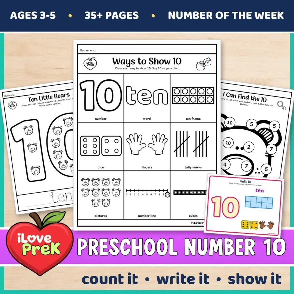 Preschool Number 10 of the Week printables for ages 3 to 5, starting with Ways to Show 10.