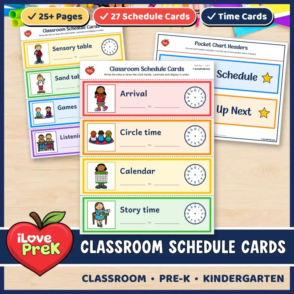 Classroom schedule cards for pre-K, kindergarten and 1st grade with picture strips and time cards.