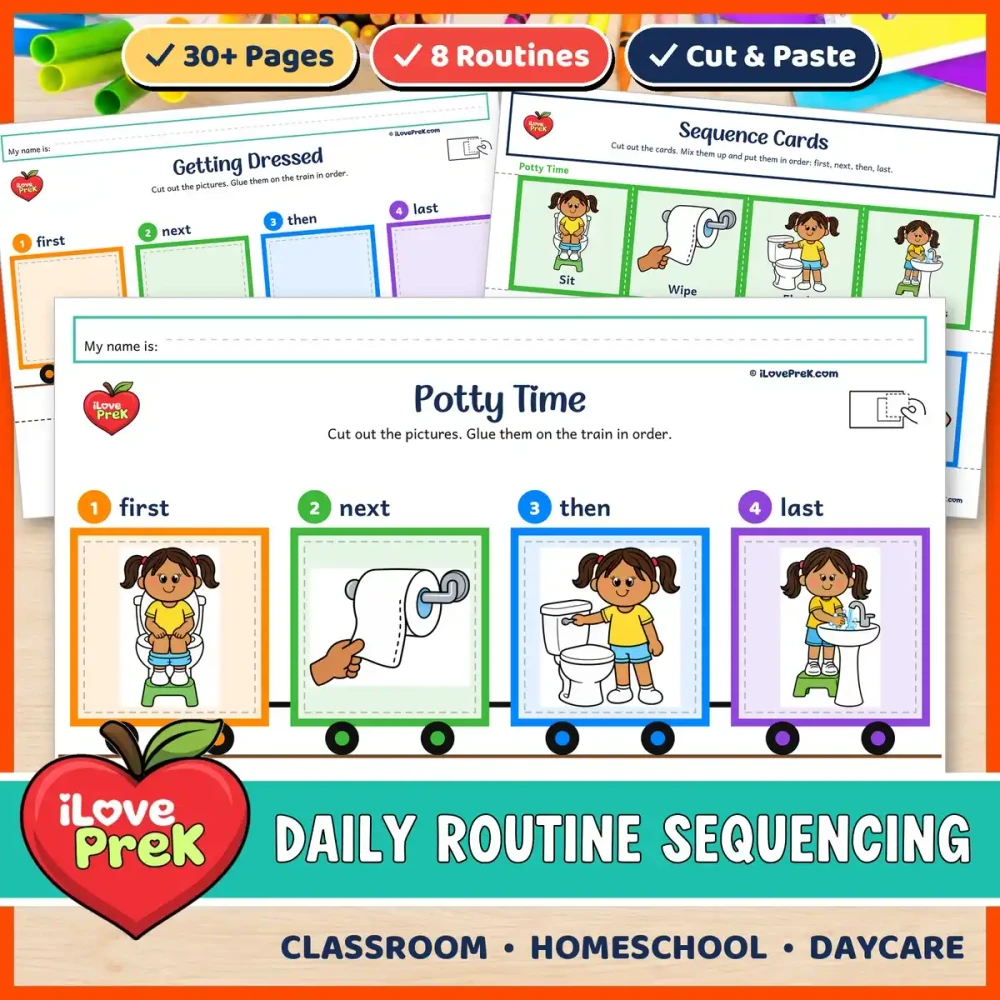 Daily routine sequencing cut and paste worksheets for preschool through 1st grade.