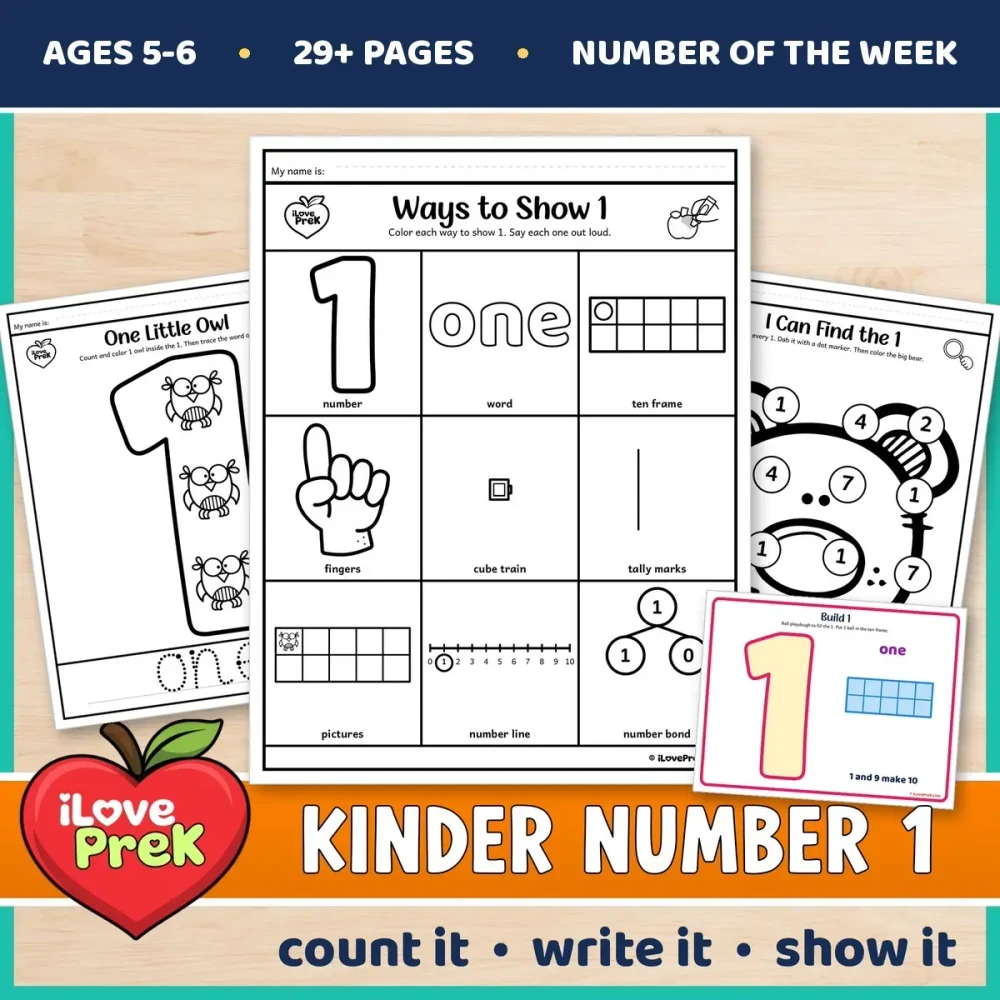Kindergarten Number 1 of the Week printables for ages 5 to 6, starting with Ways to Show 1.