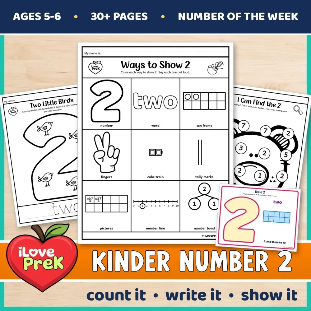 Kindergarten Number 2 of the Week printables for ages 5 to 6, starting with Ways to Show 2.