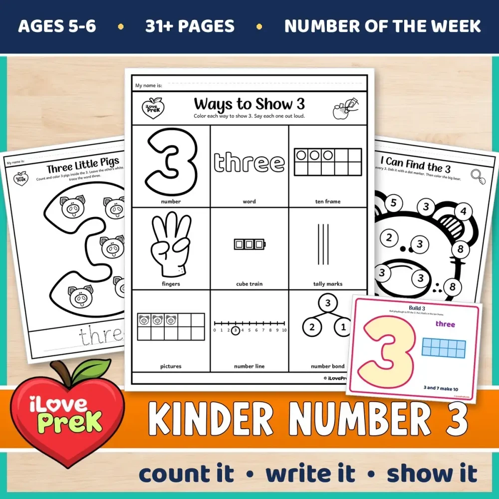 Kindergarten Number 3 of the Week printables for ages 5 to 6, starting with Ways to Show 3.
