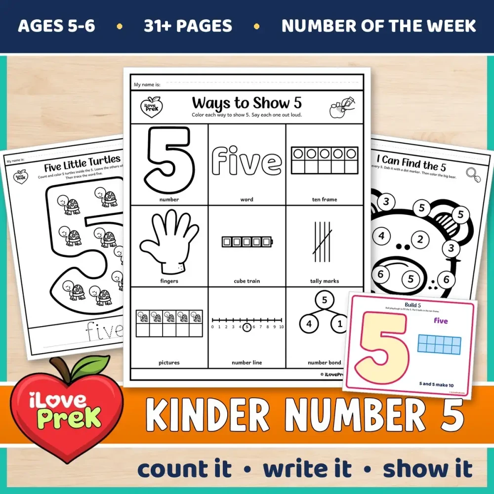 Kindergarten Number 5 of the Week printables for ages 5 to 6, starting with Ways to Show 5.