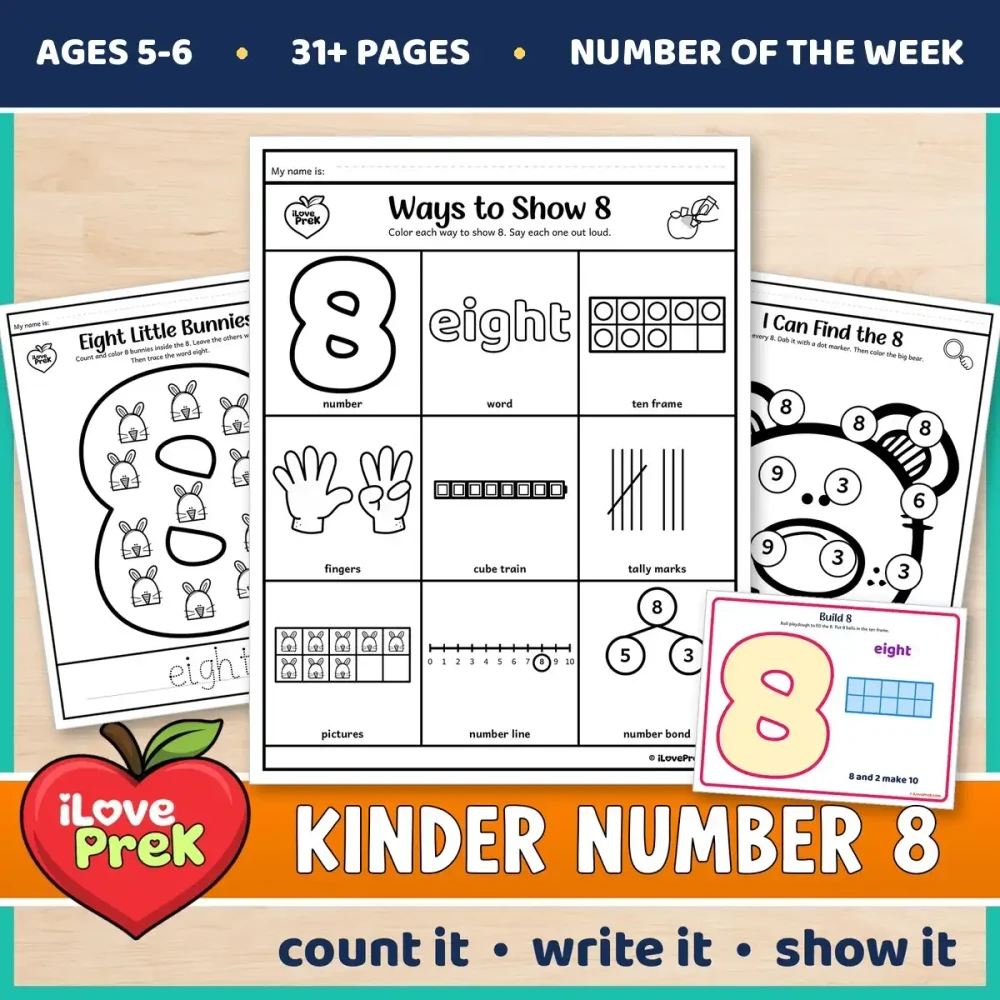 Kindergarten Number 8 of the Week printables for ages 5 to 6, starting with Ways to Show 8.