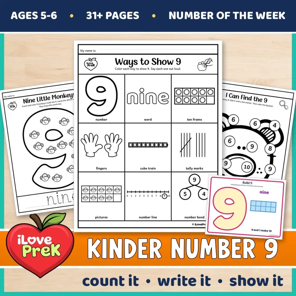 Kindergarten Number 9 of the Week printables for ages 5 to 6, starting with Ways to Show 9.