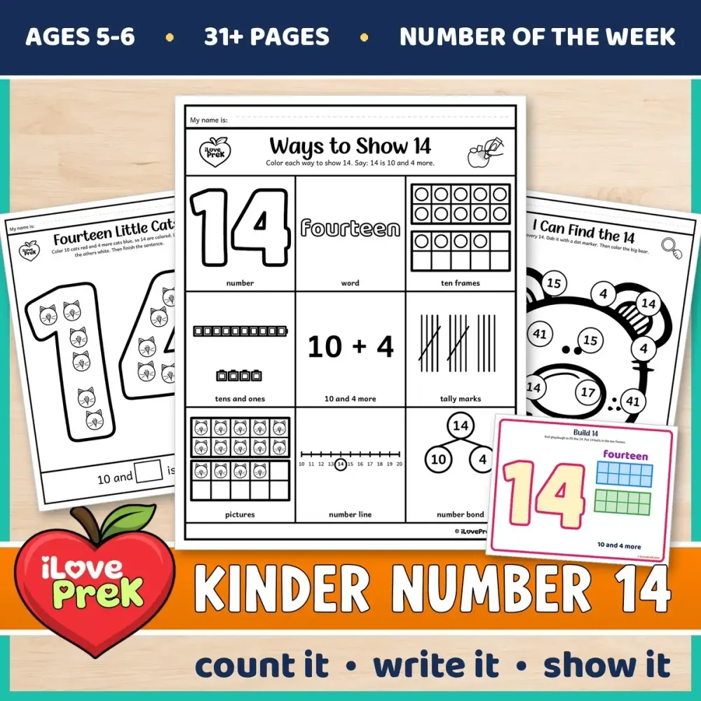 Kindergarten Number 14 of the Week printables for ages 5 to 6, starting with Ways to Show 14.
