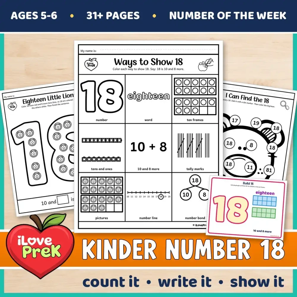 Kindergarten Number 18 of the Week printables for ages 5 to 6, starting with Ways to Show 18.