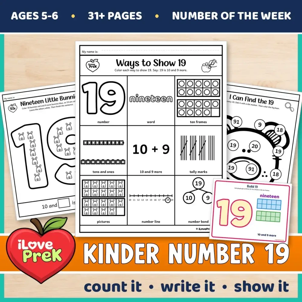 Kindergarten Number 19 of the Week printables for ages 5 to 6, starting with Ways to Show 19.
