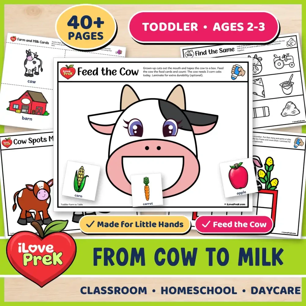 Toddler cow to milk activities for ages 2-3.